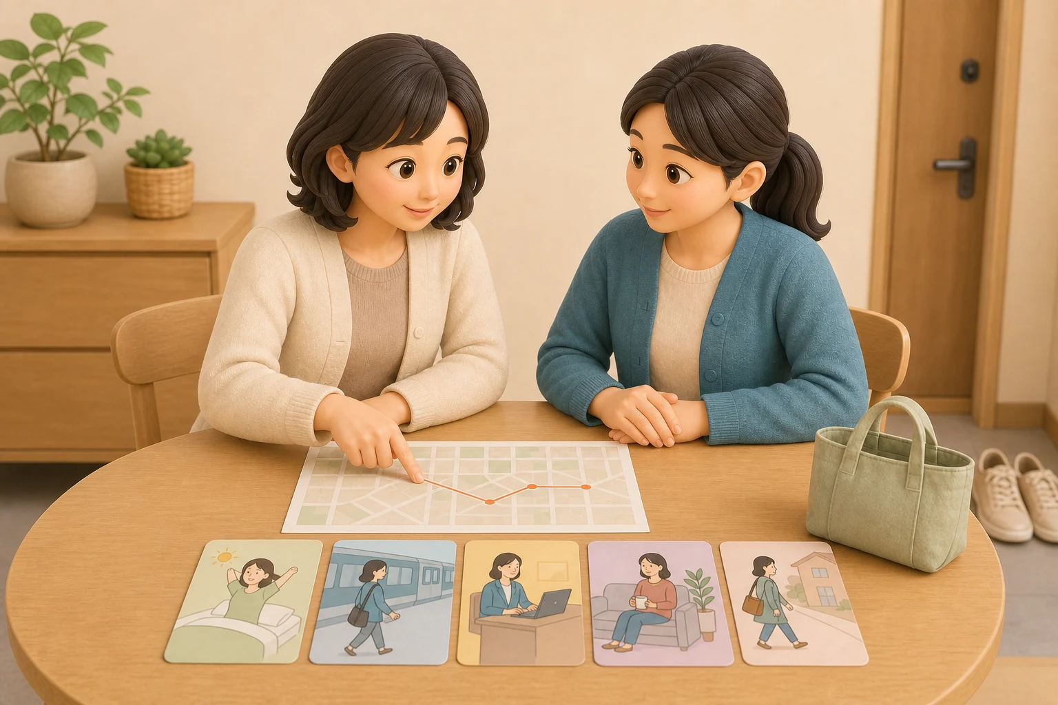 通所経路と朝から帰宅までの生活リズムを地図とカードで確認する本人と支援員
