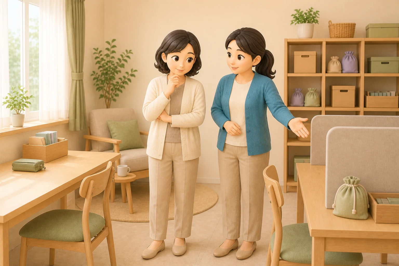 明るさや音、席の間隔を支援員と確認しながら作業スペースを見学する女性