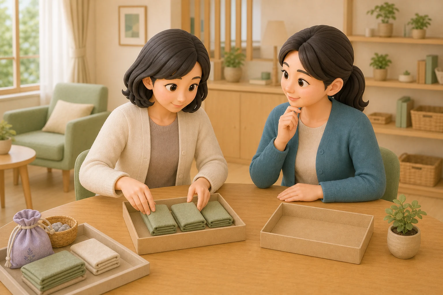 就労選択支援で、本人が軽作業を試しながら取り組みやすい方法を支援者と確かめる場面