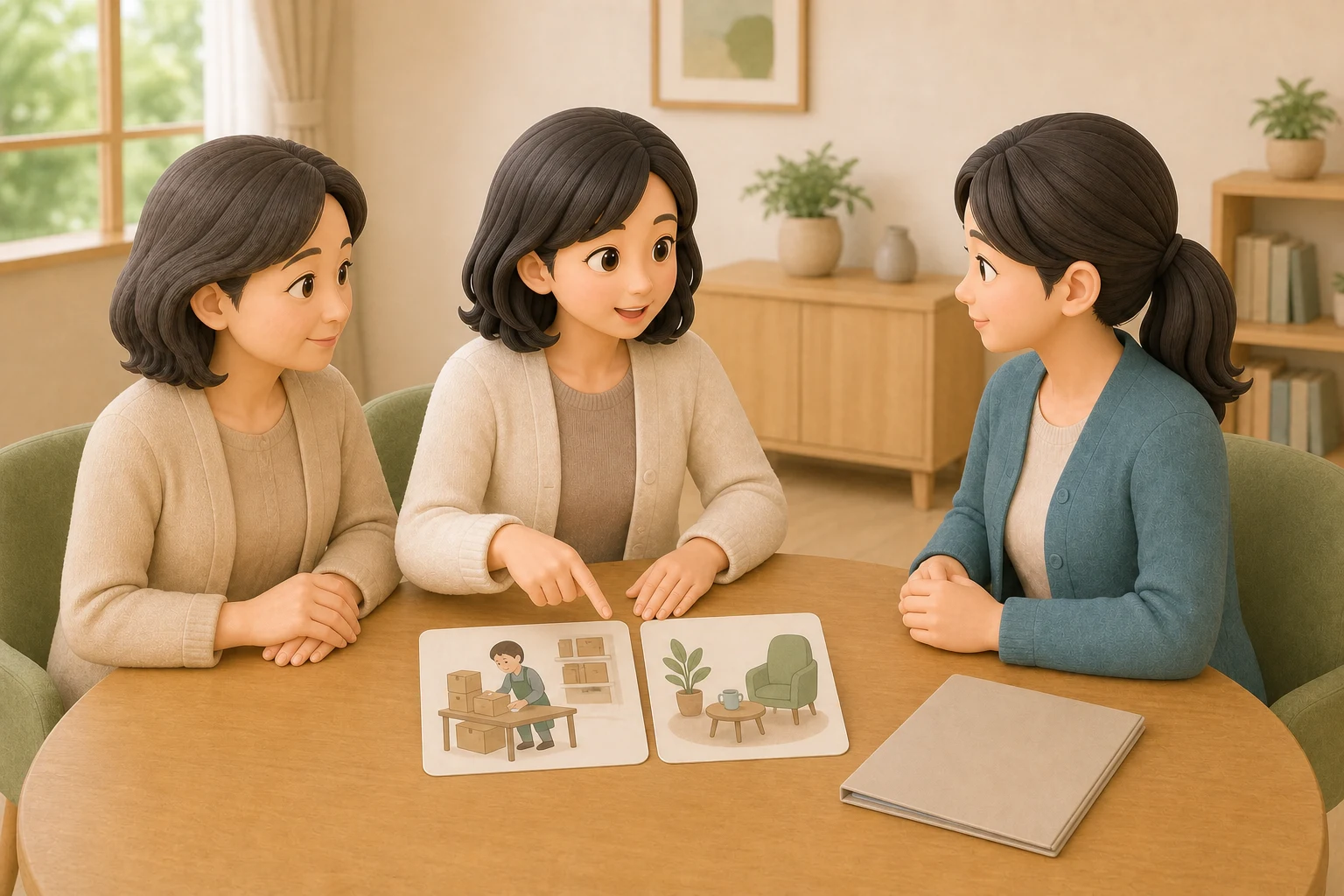 就労継続支援B型の初回相談で、本人と家族と相談員が希望や心配を絵カードで整理する場面