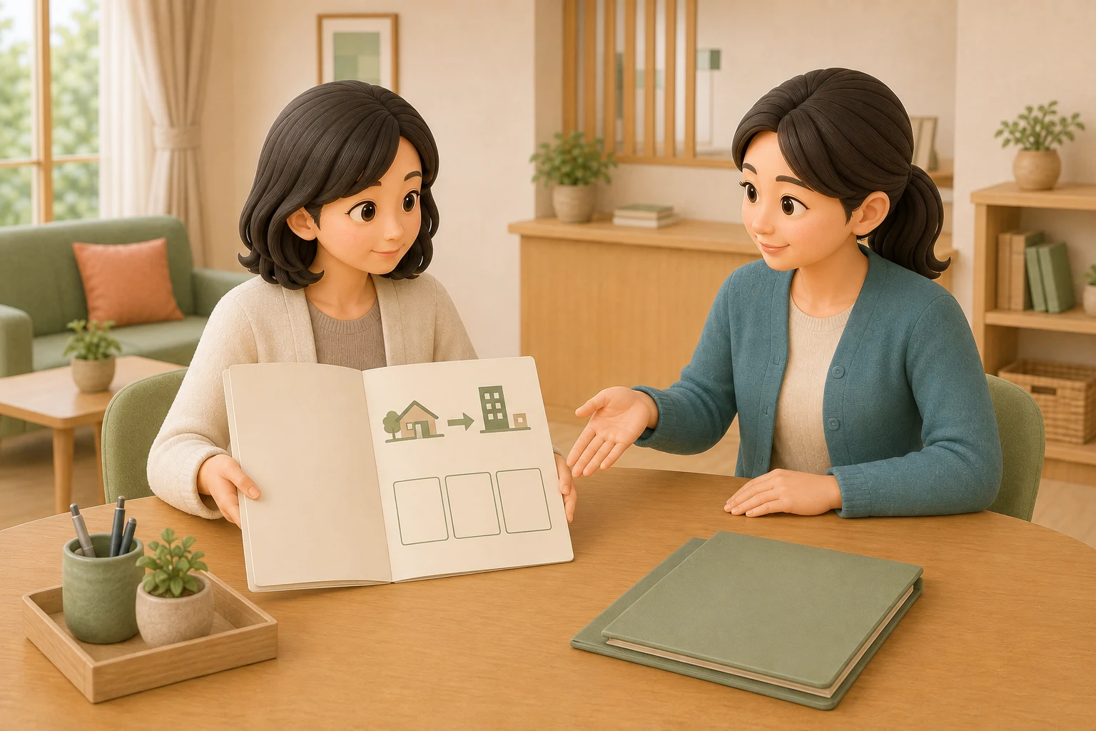 本人と相談員がサービス等利用計画の冊子を確認し、申請から事業所利用までの流れを整理する場面