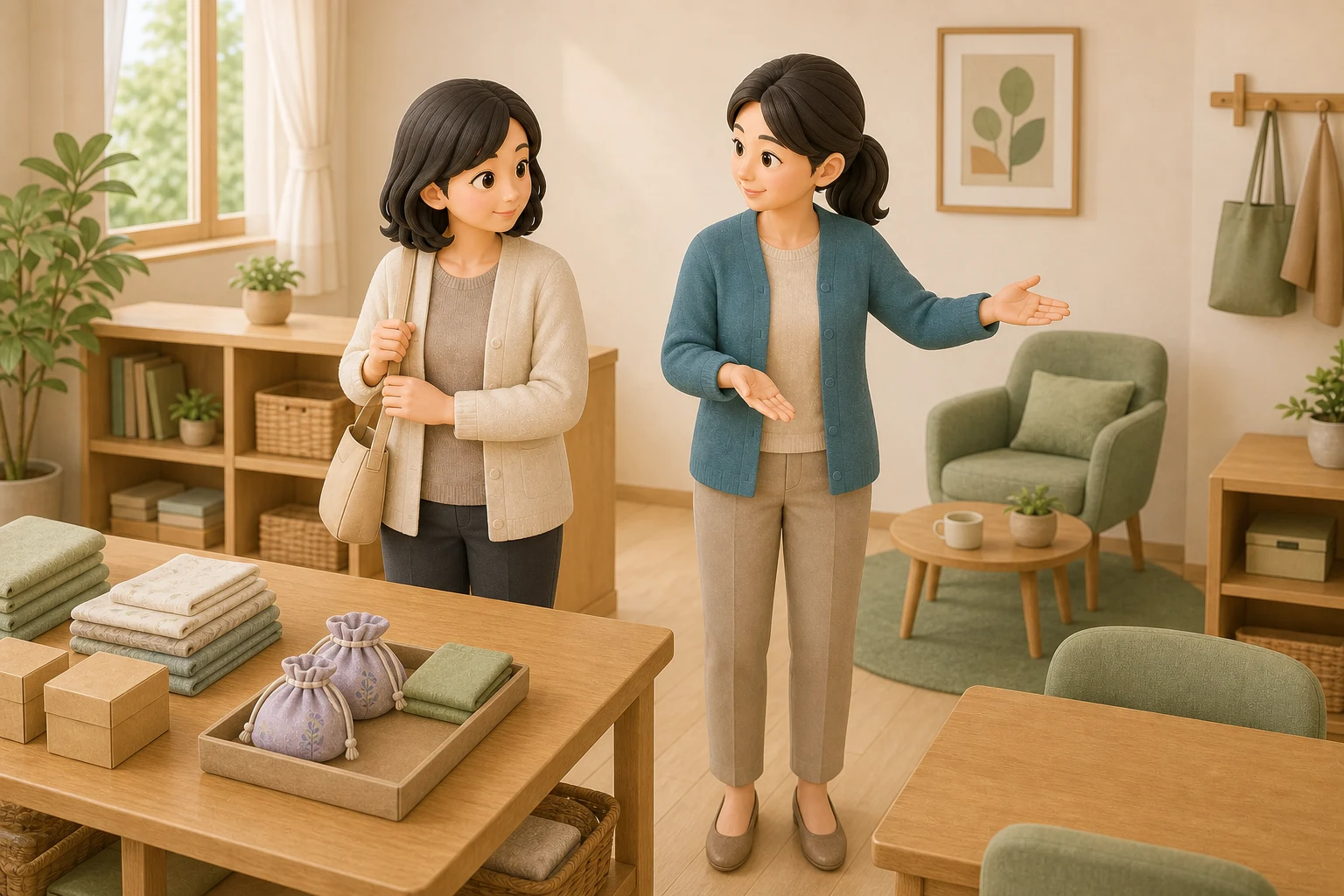 就労継続支援B型の見学で、本人が作業席と休憩スペースを支援者と確認する場面
