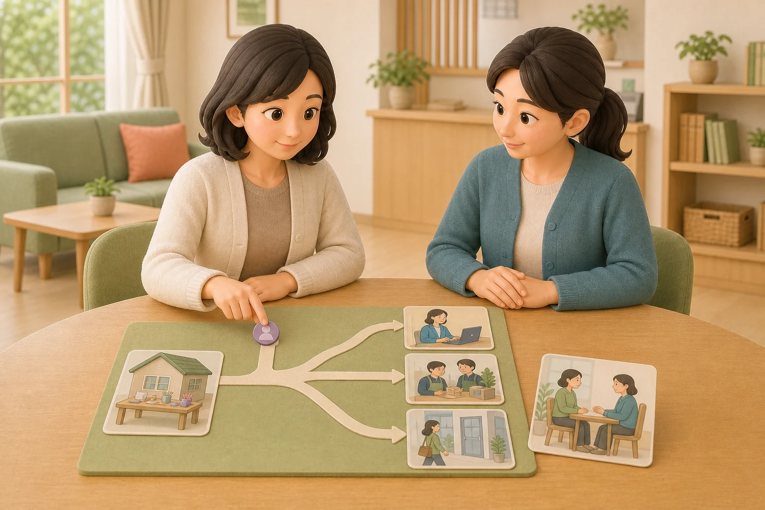 今の作業から複数の働き方へ続く選択肢を見ながら、本人が希望する方向を支援員と考える様子