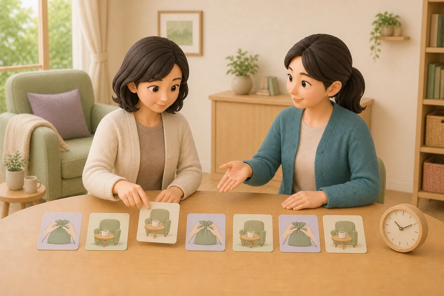 作業と休憩を交互に並べたカードで、無理のない一日のペースを相談する本人と支援員