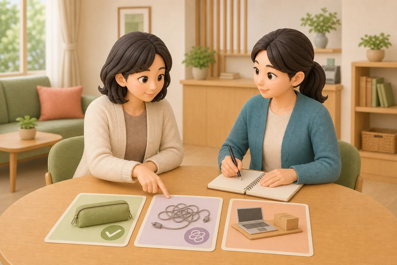 できたこと・難しかったこと・次に試したいことを本人と支援員が一対一で振り返る様子