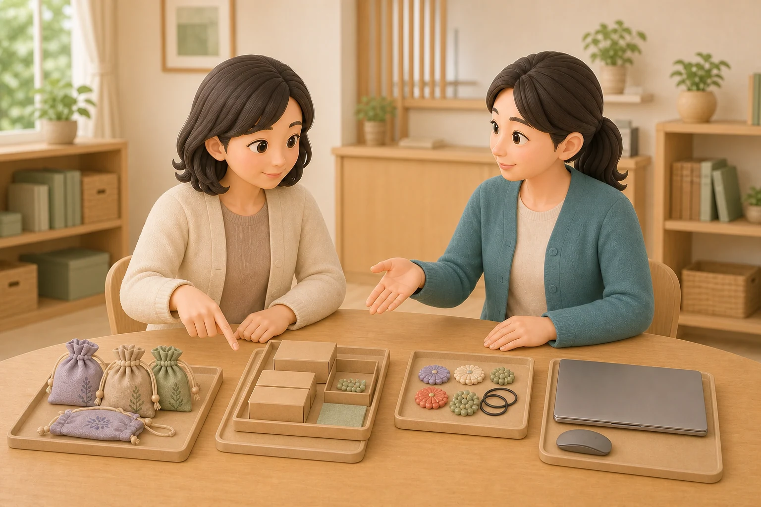 軽作業・創作・パソコン作業など複数の作業見本を本人と支援員が見比べ、合う作業を相談する様子
