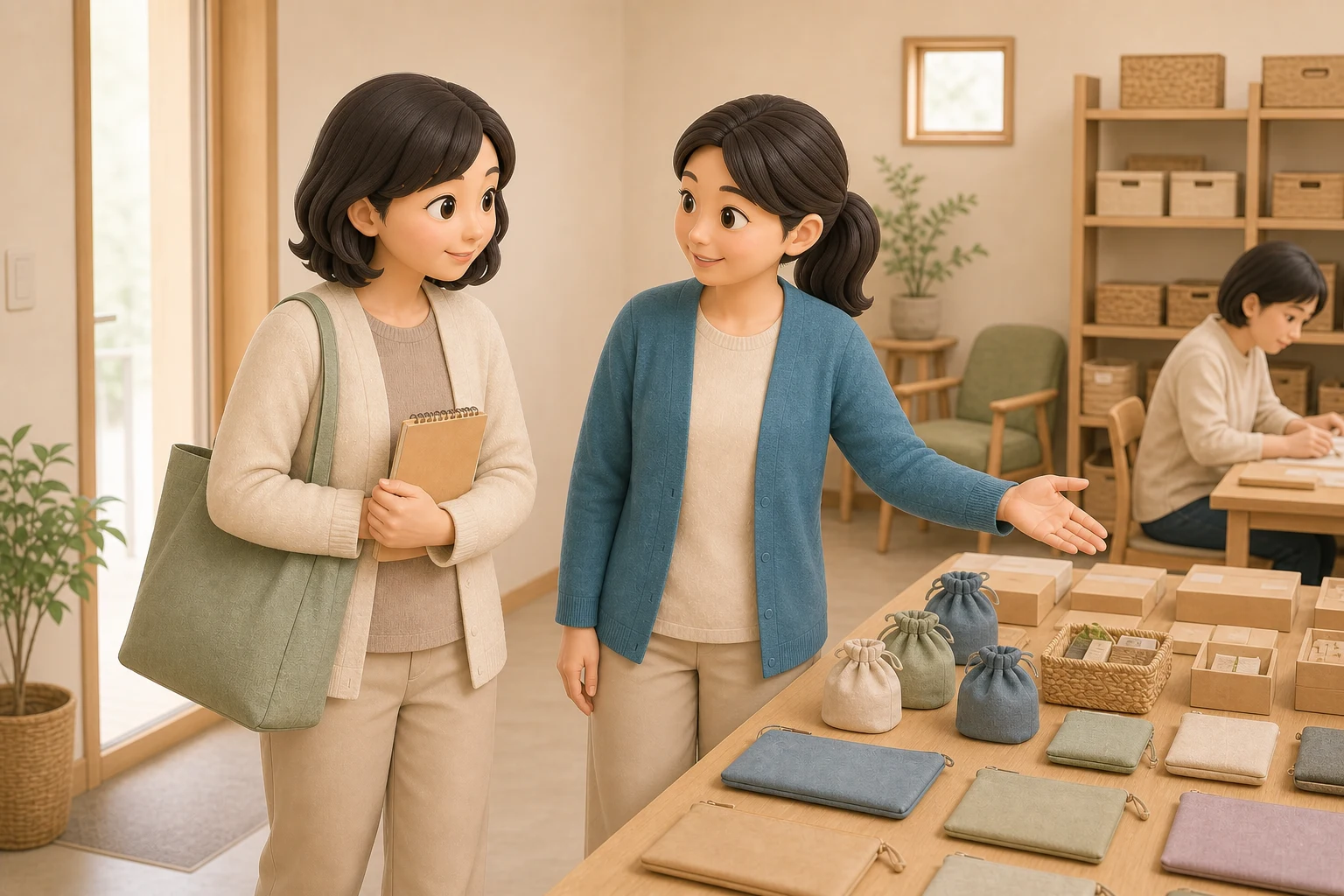 見学者が支援員の案内で作業スペースを見て、体験後の感想を話す場面