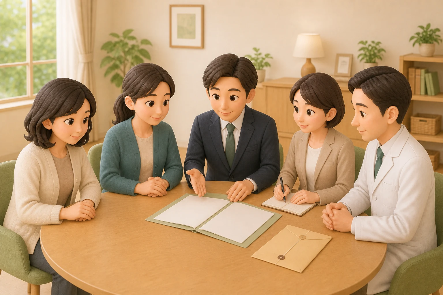 本人を交えて認定調査の資料や医師意見書を関係者が確認する場面