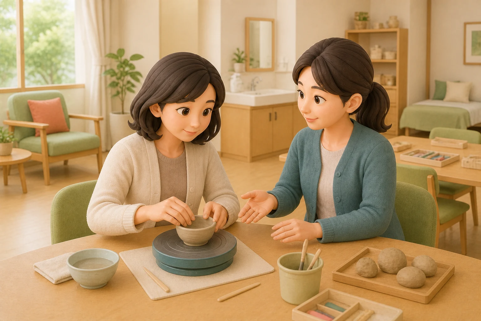 生活介護の活動室で本人のペースに合わせて創作活動を行う女性と支援員