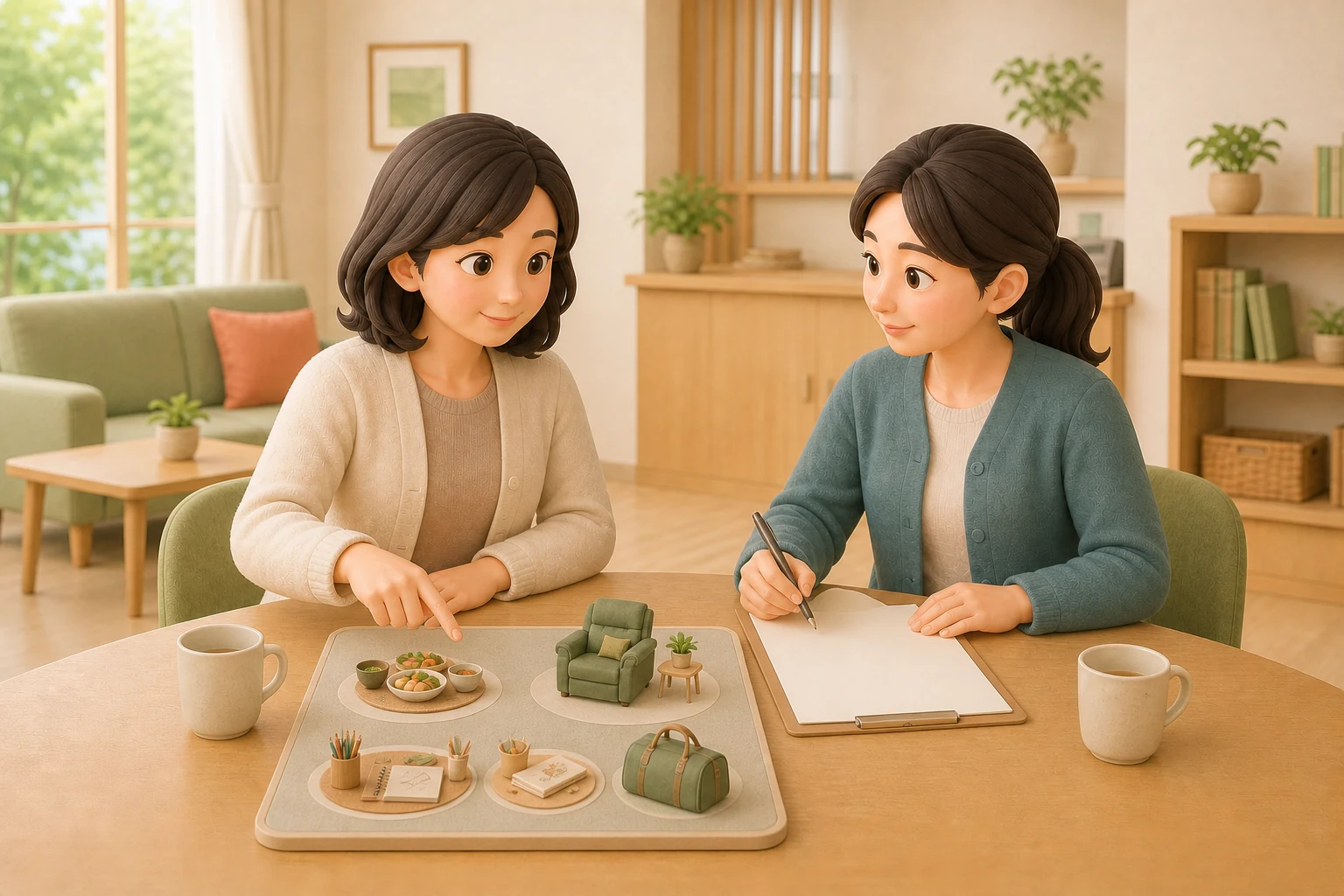 自宅で本人が希望や一日の過ごし方を伝え、相談支援専門員が計画案を作る場面