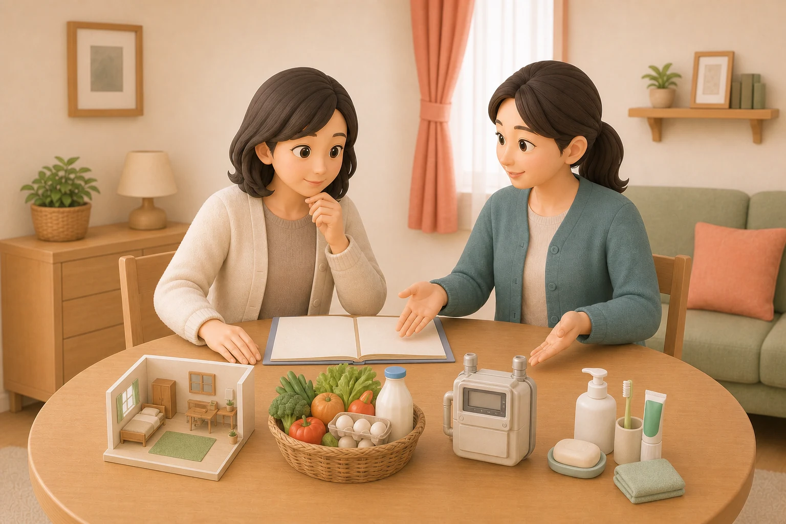居室模型と食材、光熱水費、日用品を並べ、契約書の費用内訳を確認する場面