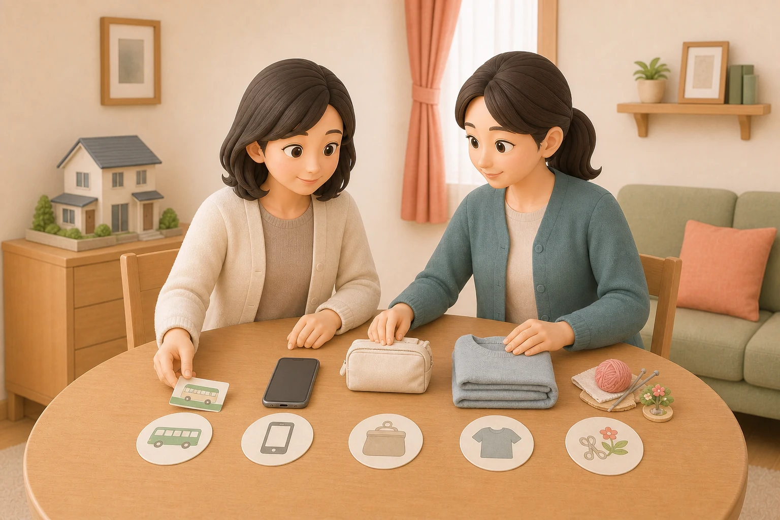 交通、通信、通院、衣類、余暇などグループホーム以外の生活費を絵カードで整理する場面