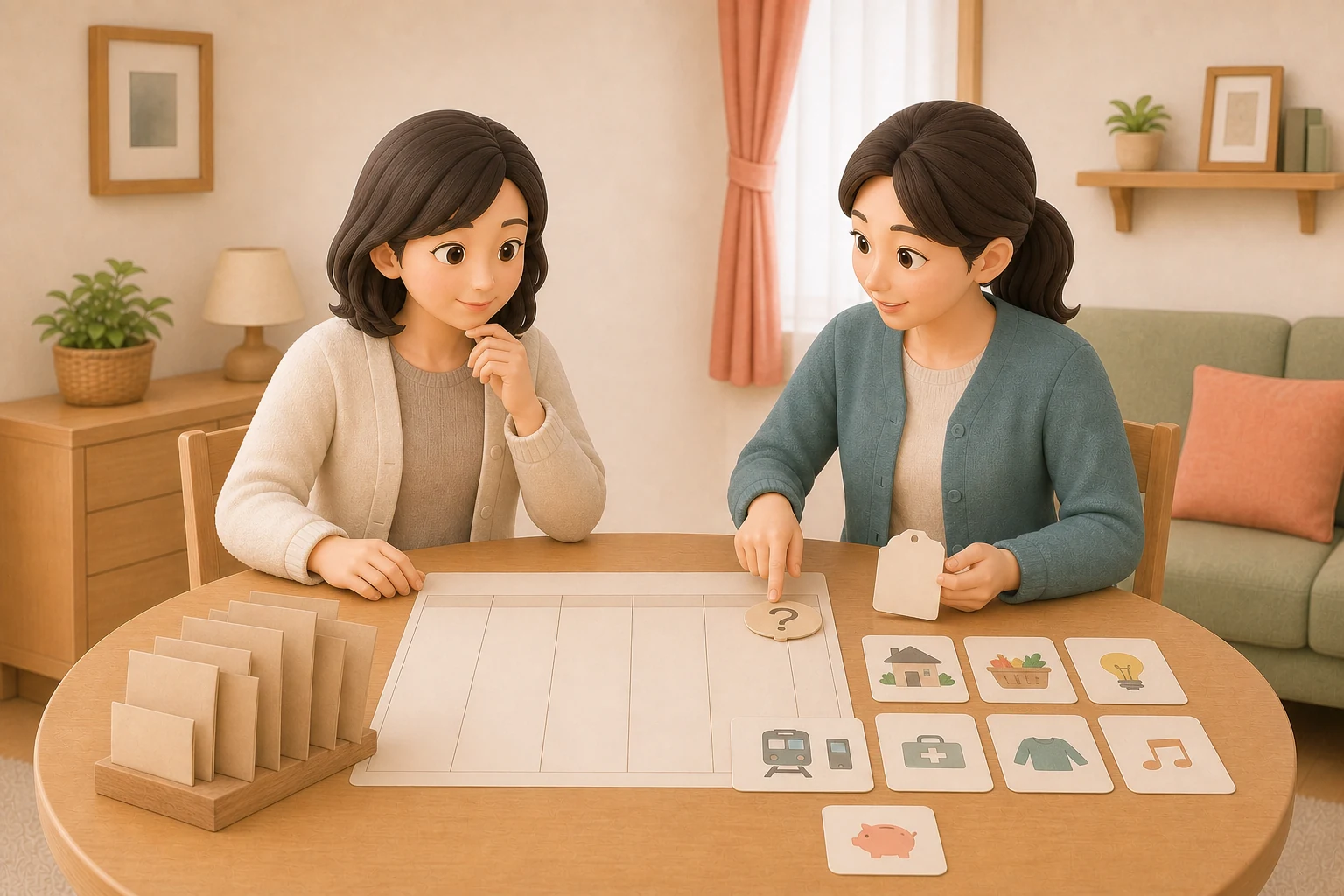 収入と支出を一か月の予算シートへ並べ、未確認の項目を本人と支援員が見つける場面