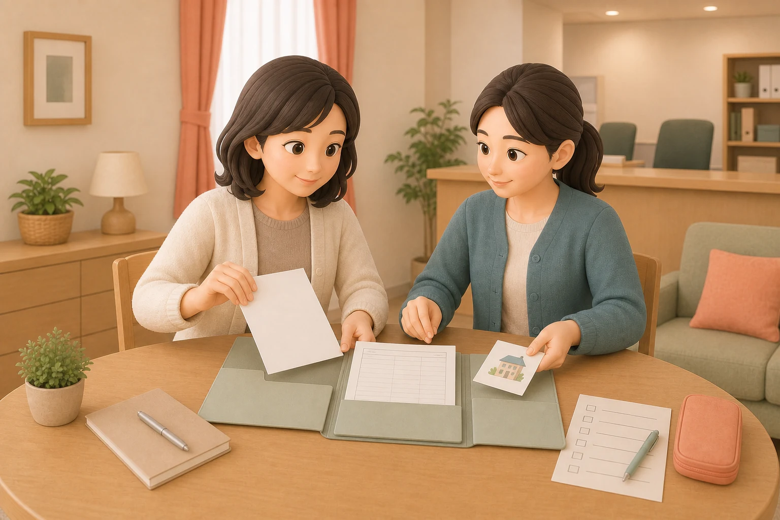 家賃額が分かる契約書や課税状況の書類をそろえ、市役所や相談支援への確認準備をする場面