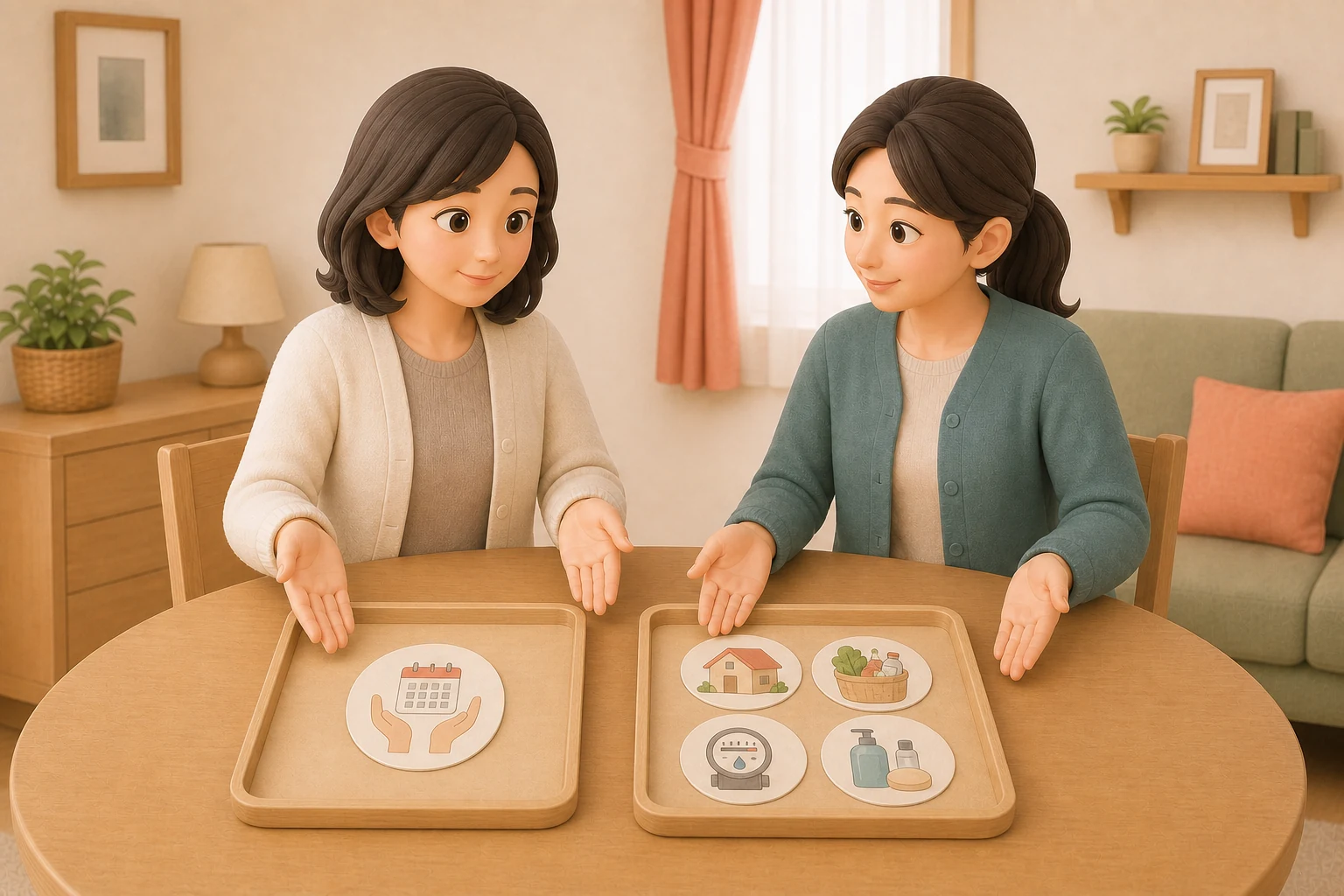 サービス利用料と家賃・食費など暮らしの実費を二つのトレーに分けて確認する本人と支援員