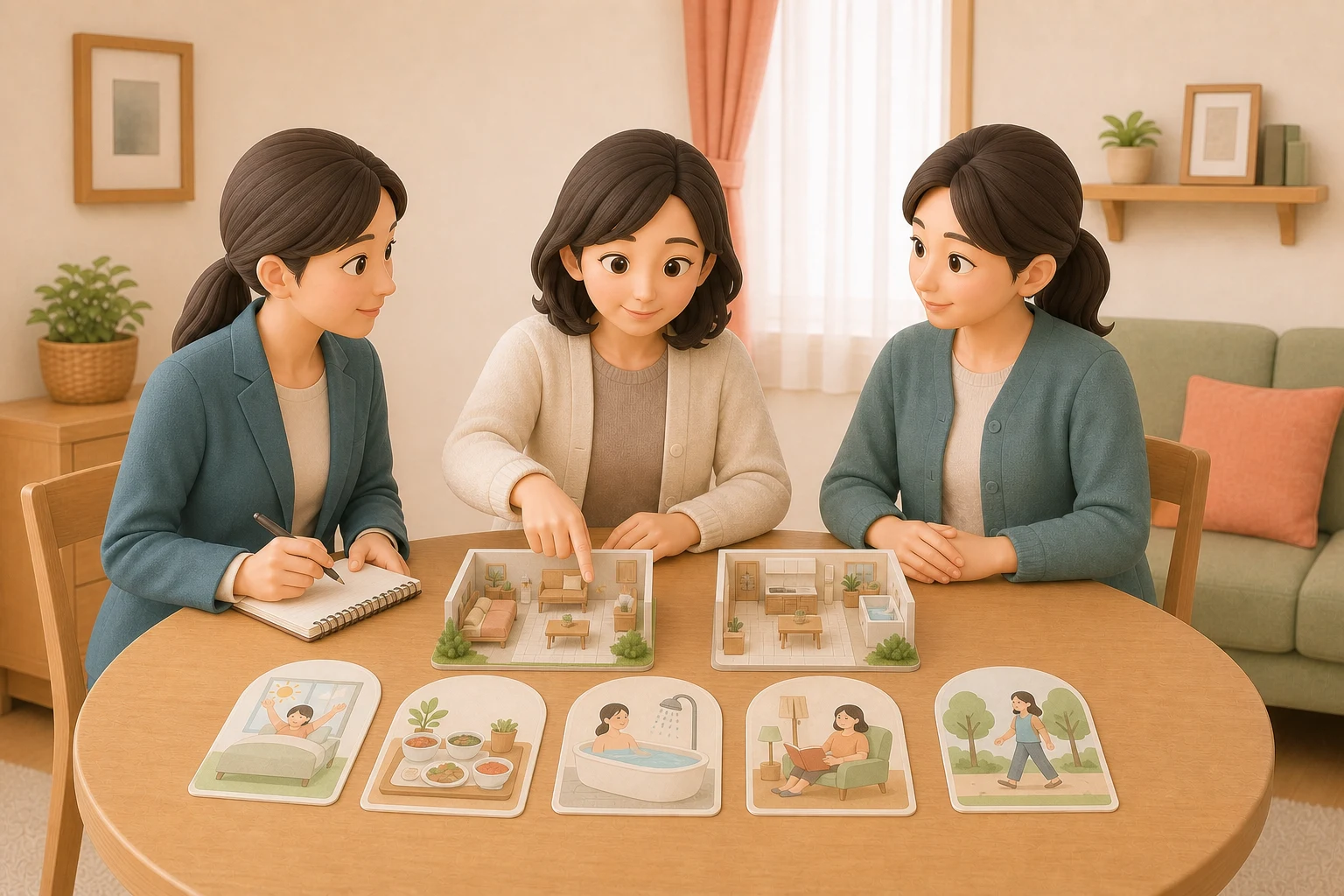 本人が二つの居室模型や生活場面カードを見比べ、希望する暮らしを選ぶ場面