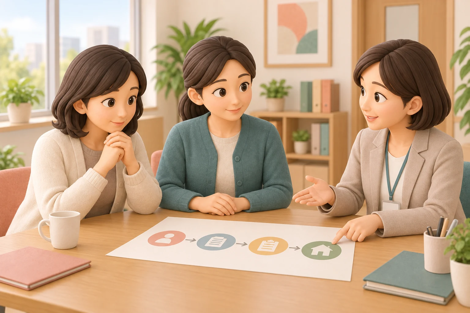 相談窓口で本人と支援員が相談から申請までの流れを確認する場面