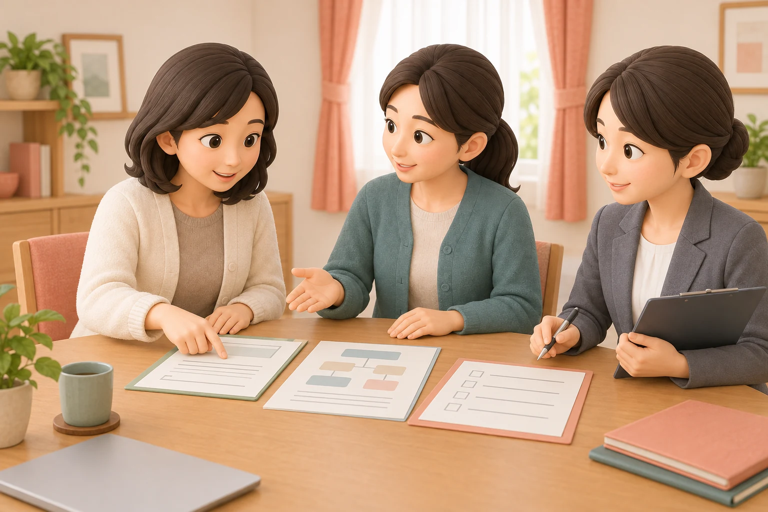 本人と関係者が受給者証、利用計画、契約前の確認事項を見直す場面