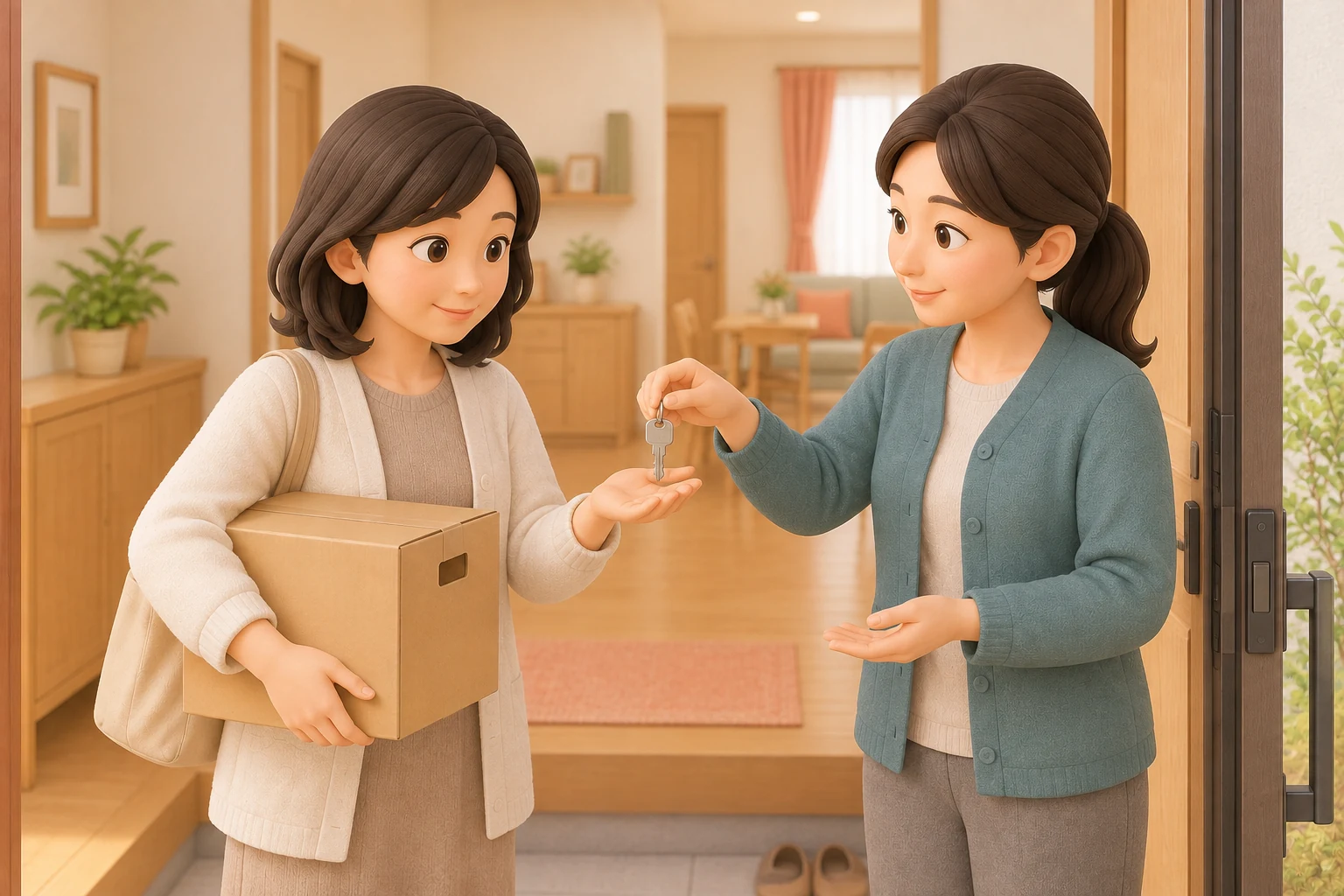 グループホーム入居日に本人が支援員から鍵を受け取り新生活を始める場面