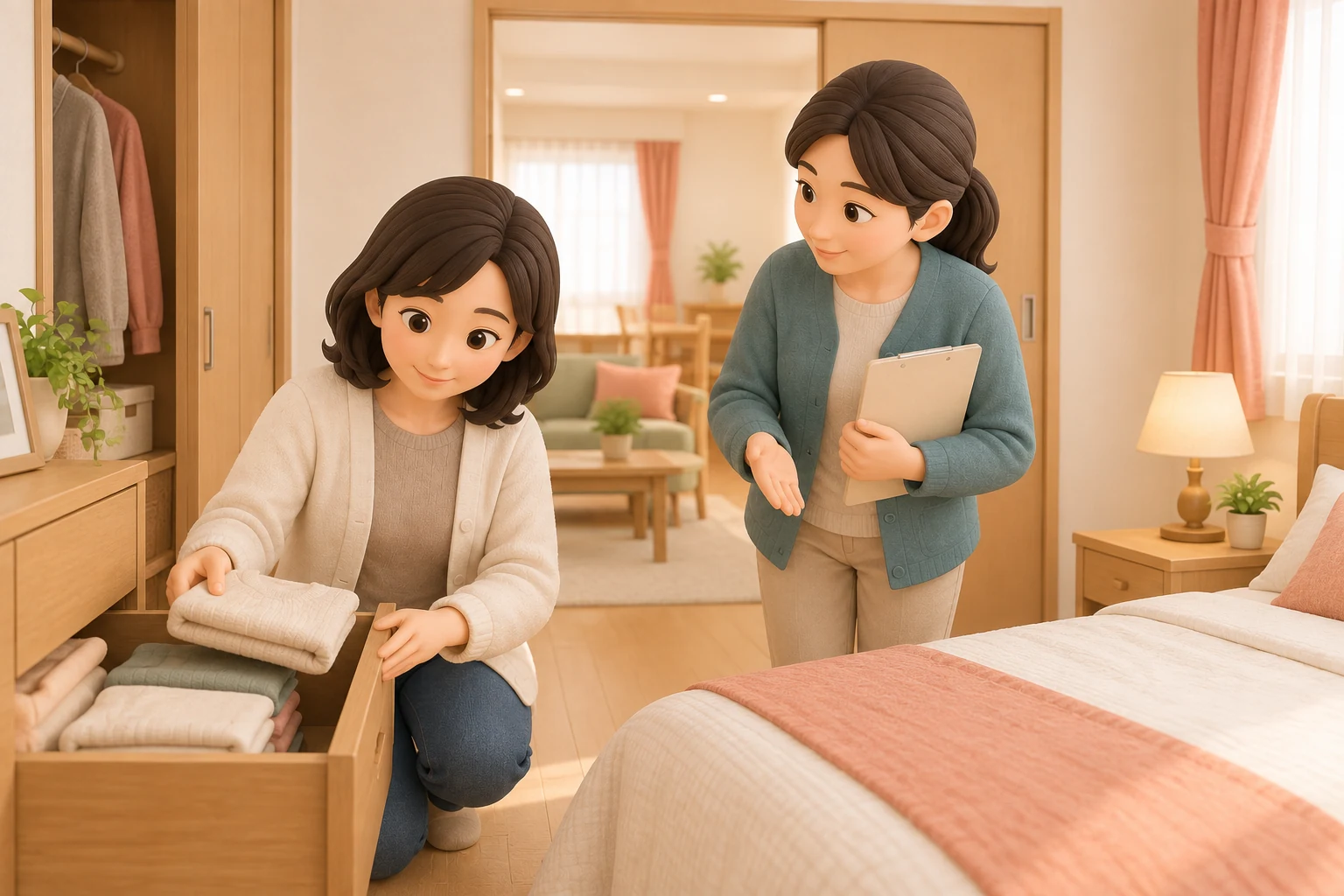 グループホーム見学で本人が自室の収納と共有スペースを確認する場面
