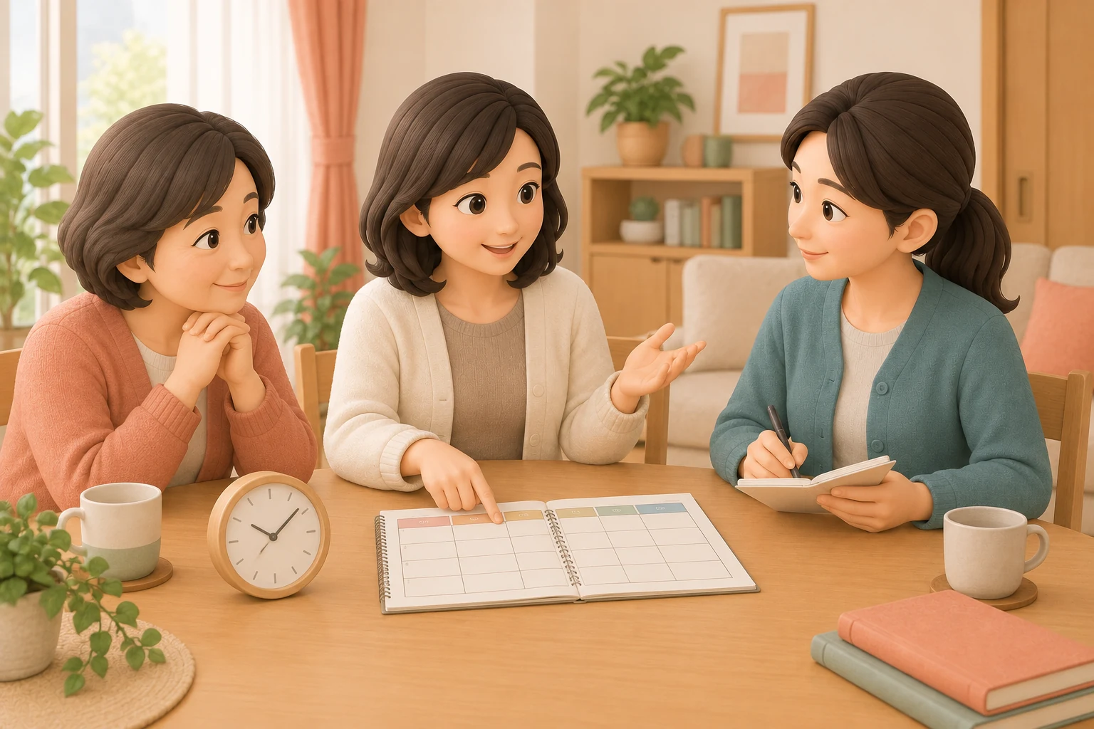本人を中心に家族と支援員が希望する一日の過ごし方を整理する場面